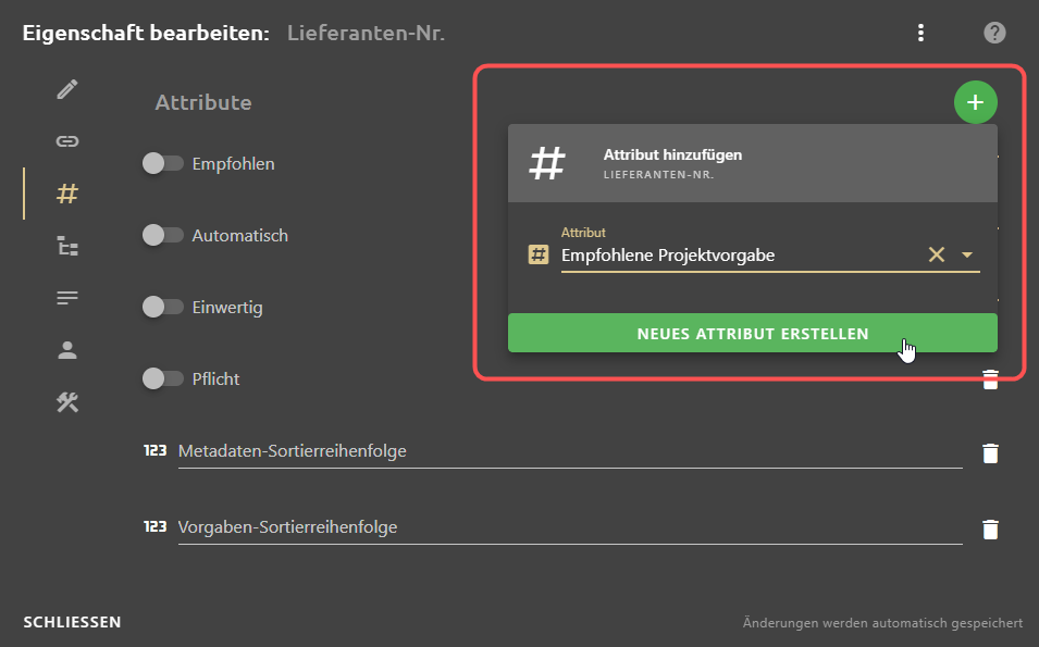 Attribut 'Empfohlene Projektvorgaben' an eine Eigenschaft vergeben.
