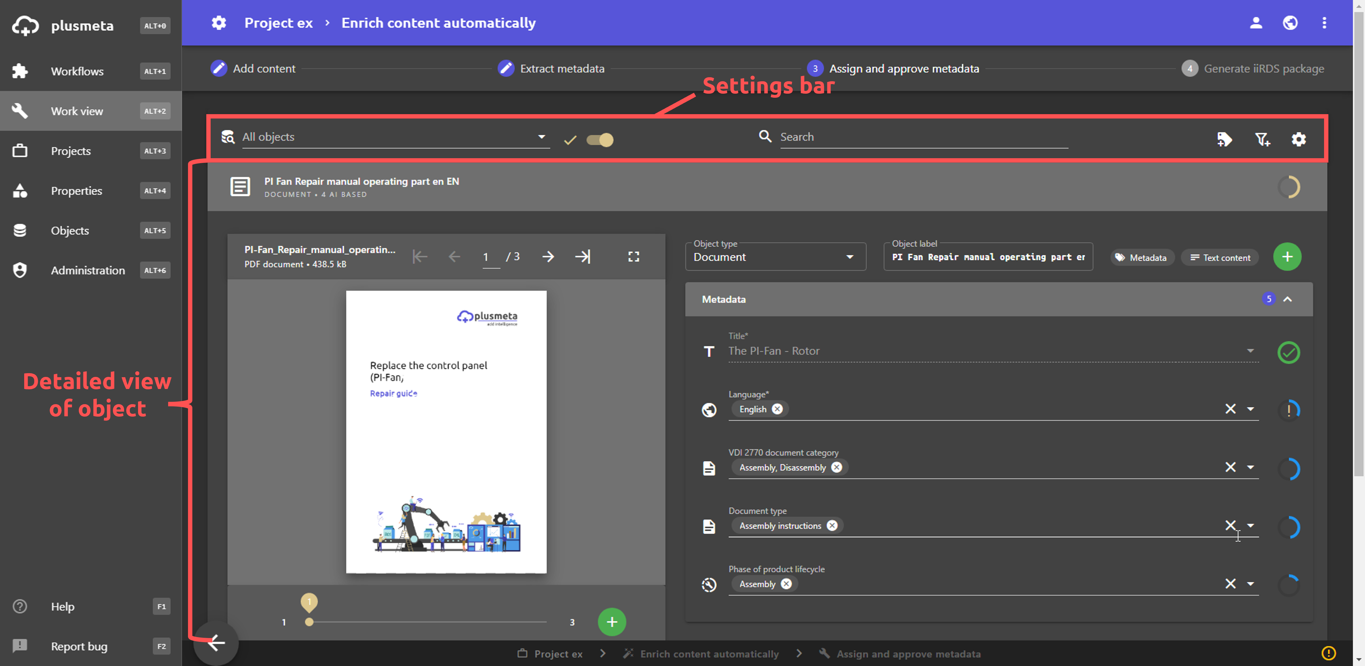 highlighted settings bar and detailed view