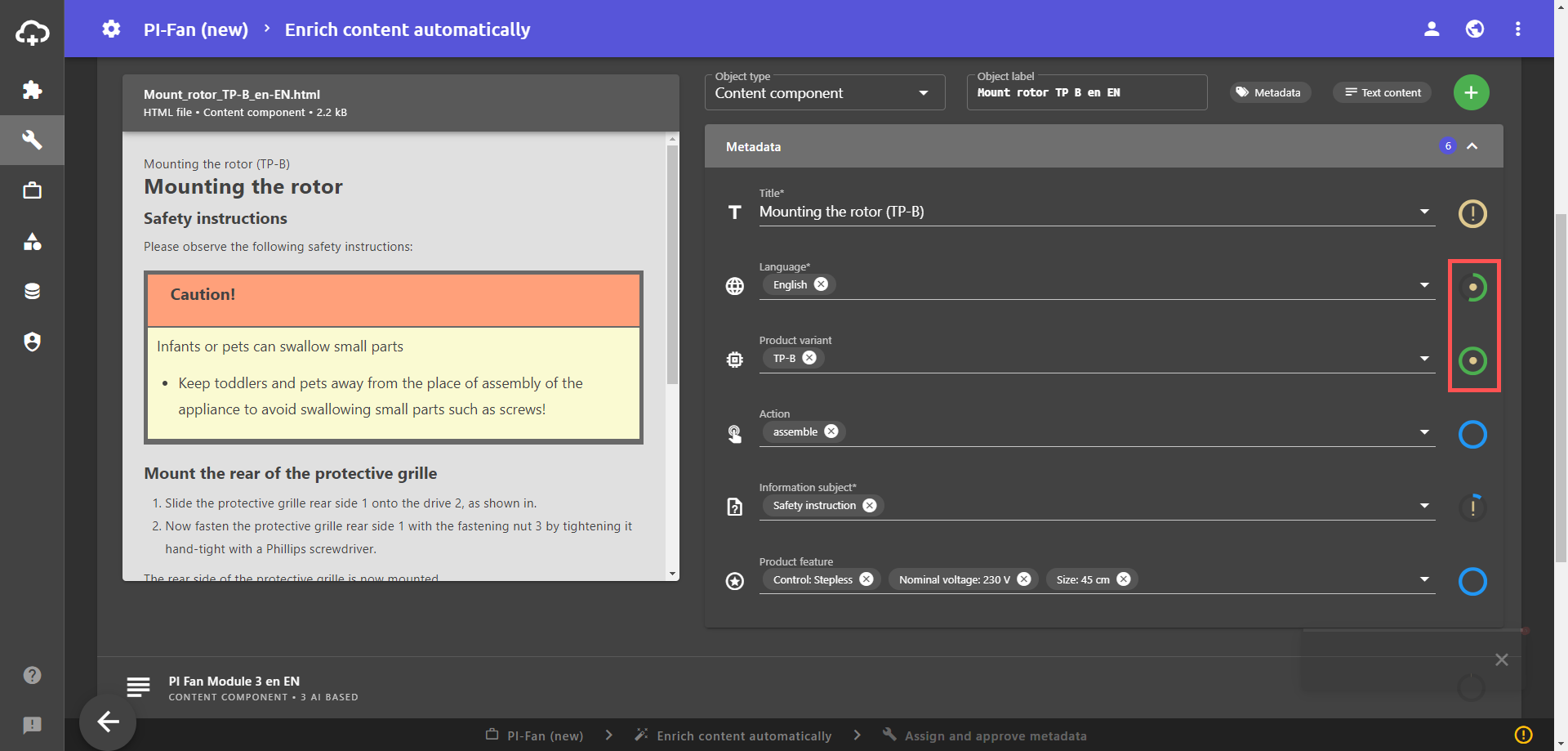 Displaying project specifications in the Check and Assign Metadata view