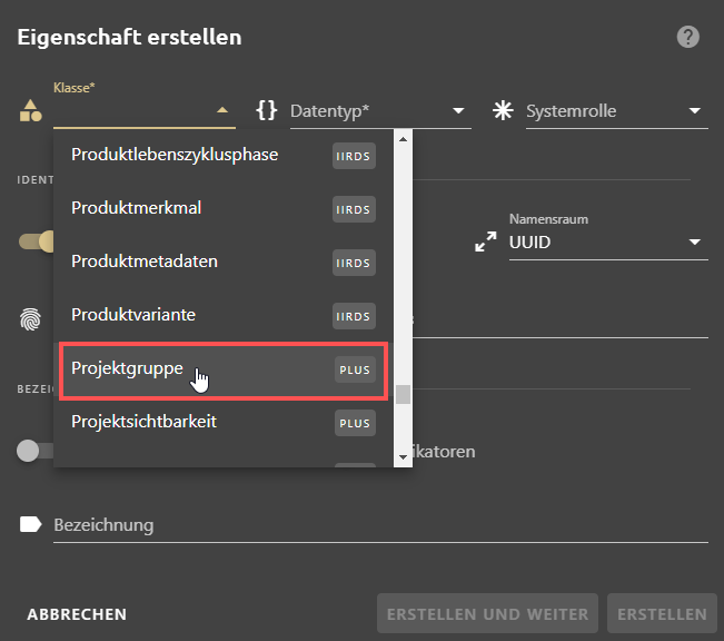 Projektgruppen in Eigenschaften Ansicht
