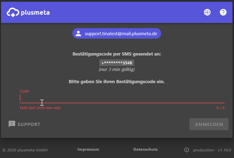 SMS Code eingeben