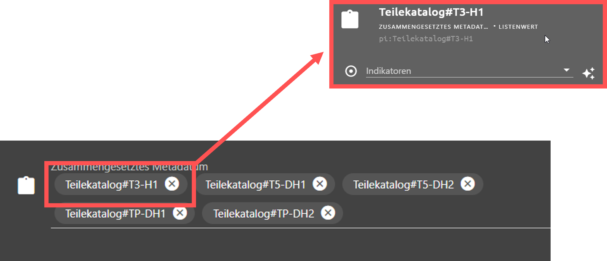 Zusammengesetzte Metadatenwerte als Listenwerte in der Metadaten prüfen und vergeben Ansicht.