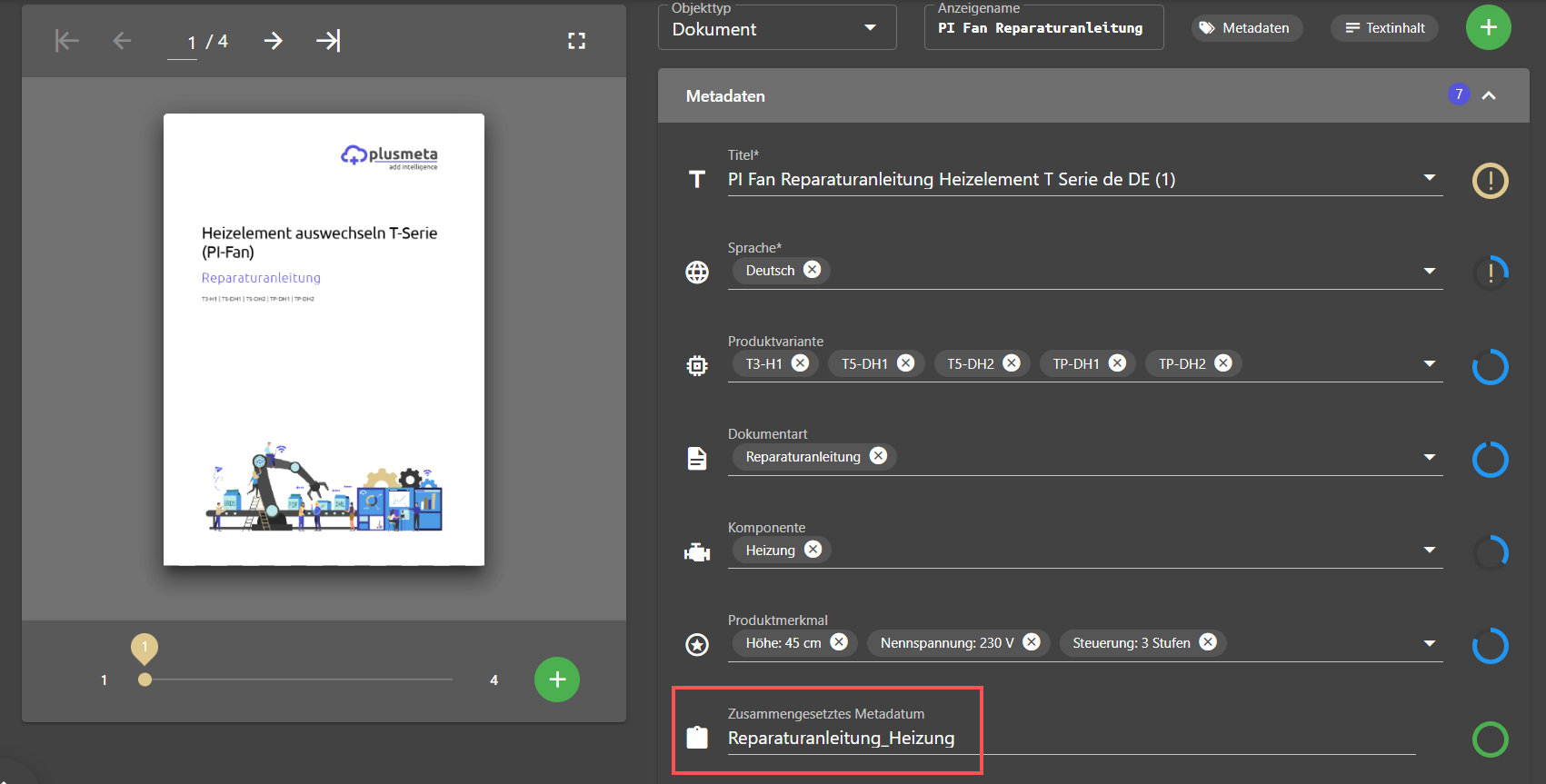 Zusammengesetztes Metadatum mit Text-Filter im Metadaten prüfen und vergeben Workflow-Schritt.